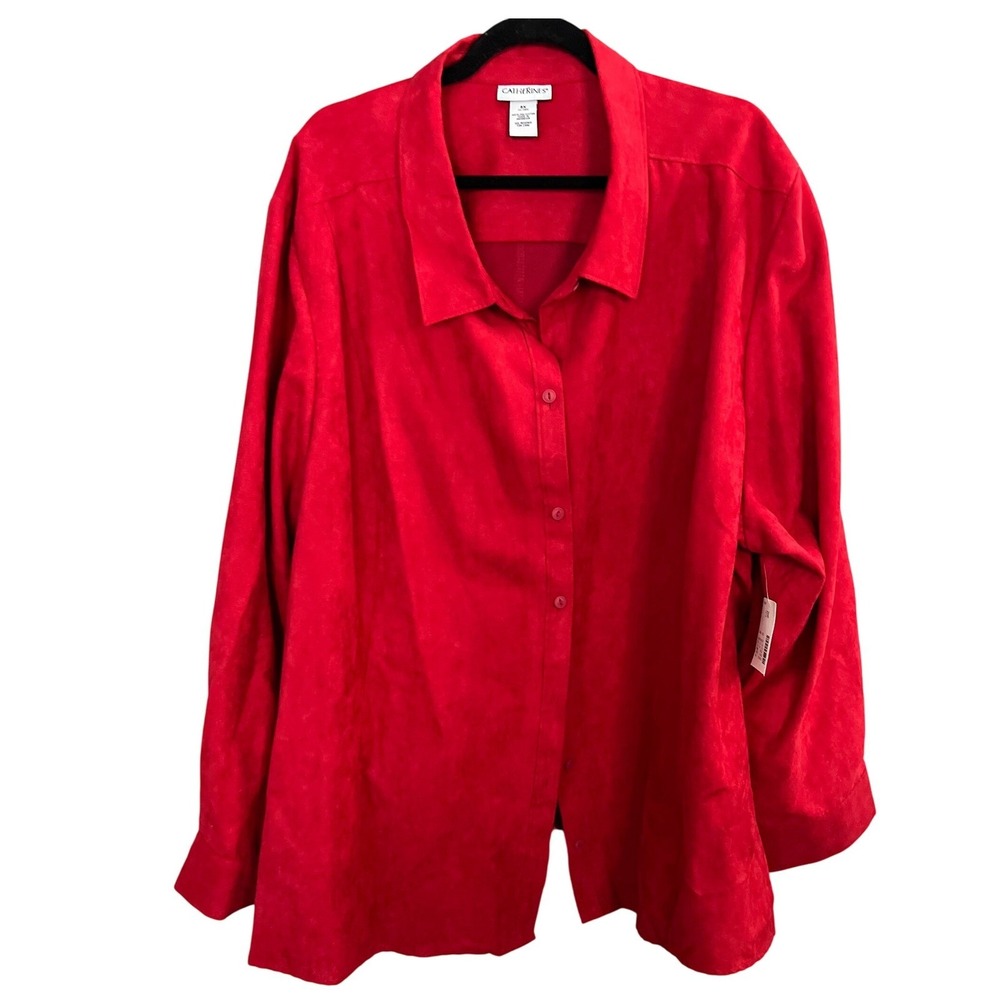 NWT Catherines Red Velour Shirt  5X Plus Red Long Sleeve Button Up Office Career